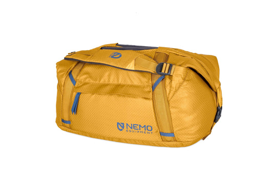 A yellow Double Haul™ 30L Convertible Duffel & Tote by NEMO Equipment, made from recycled materials with blue accents and logo, shown against a white background.