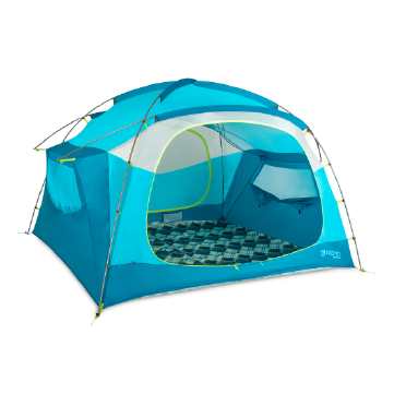The NEMO Equipment Aurora Highrise™ Camping Tent features a dome shape in blue and teal, durable fabric, a spacious front opening, and a checked-pattern floor mat—ideal for your next family camping trip.