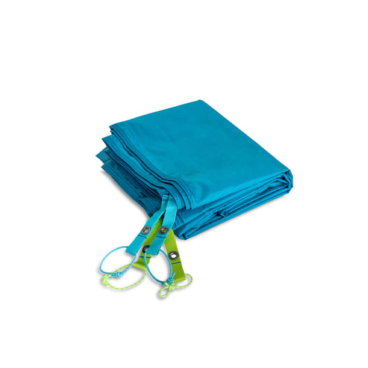 The NEMO Equipment Aurora Highrise™ Footprint, a folded blue camping tarp with green and blue straps plus metal grommets, made from abrasion-resistant polyester, is displayed on a white background.
